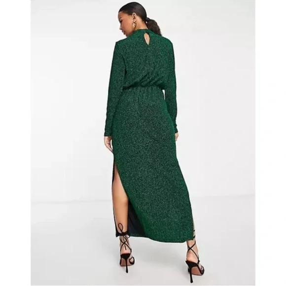 Y.A.S. NWT Green Glitter Long Sleeve Ruched Front Midi Dress XXL - Picture 5 of 16